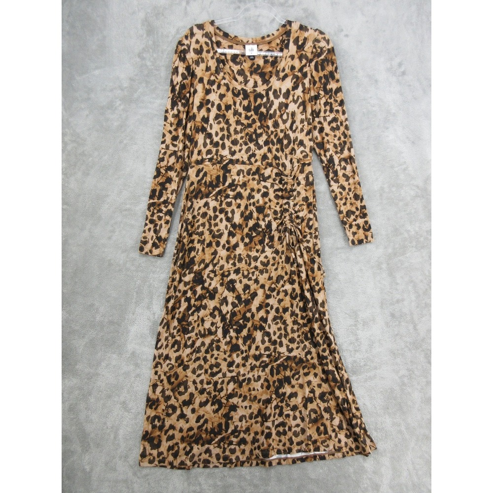 Cabi Dress Womens Medium Selma 4216 Animal Print Jersey Knit Ruched Tie Brown